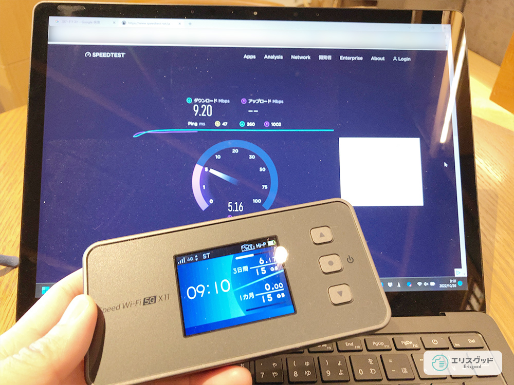 WiMAXの速度計測画面