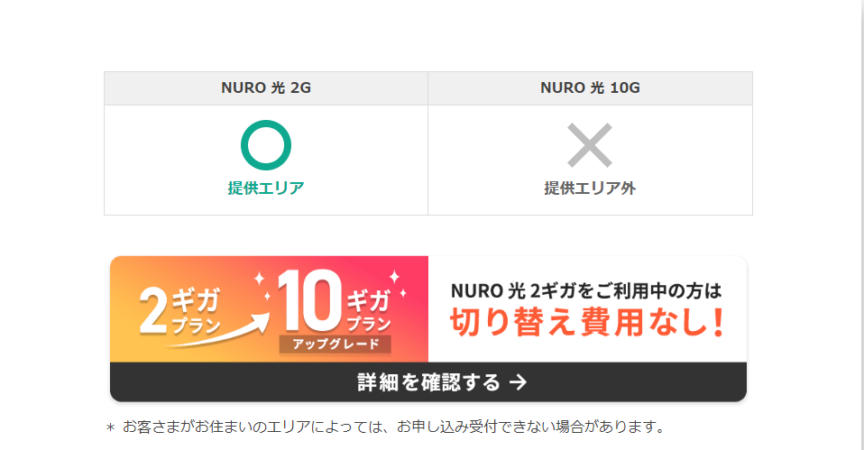 NURO光のエリア検索結果。2ギガは使えるけど、10ギガはエリア外だった