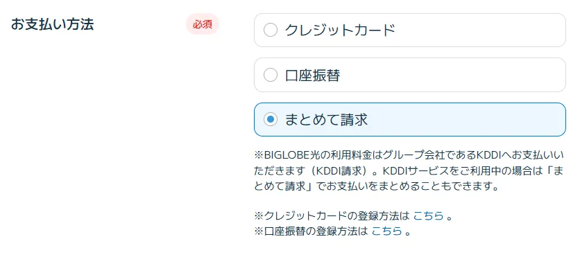 ビッグローブ光の支払い方法選択画面