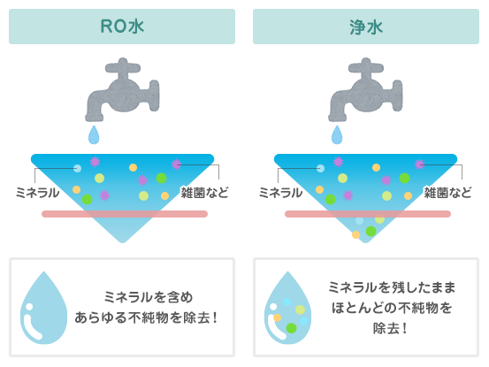 浄水型ウォーターサーバーの水には「RO水」と「浄水」の2種類がある。「RO水」はミネラルも含め完全に除去された水。一方「浄水」は、基本的に浄水器の水と同様の水。雑菌や残留塩素は除去されるがミネラルは残る。