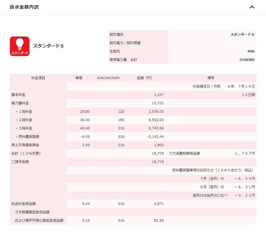 東京電力エナジーパートナーの明細書（内訳）