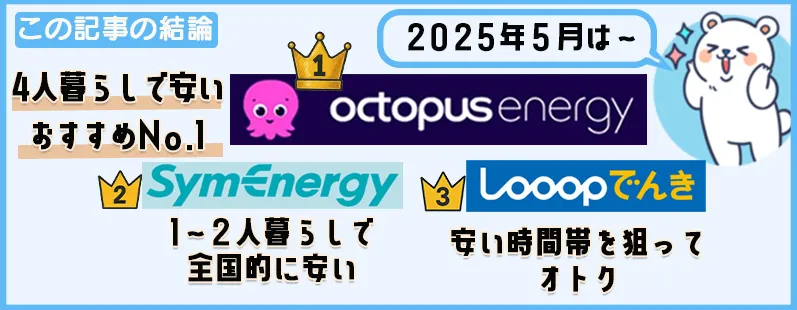 この記事の結論は、2025年5月のおすすめ1位はオクトパスエナジー、2位はシン・エナジー、3位はLooopでんき