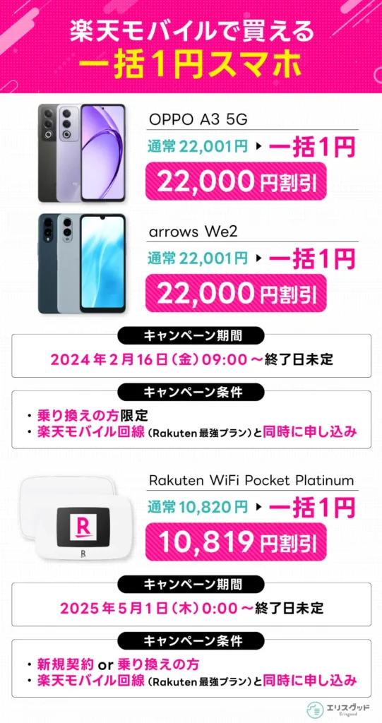 楽天モバイルで買える一括1円スマホ