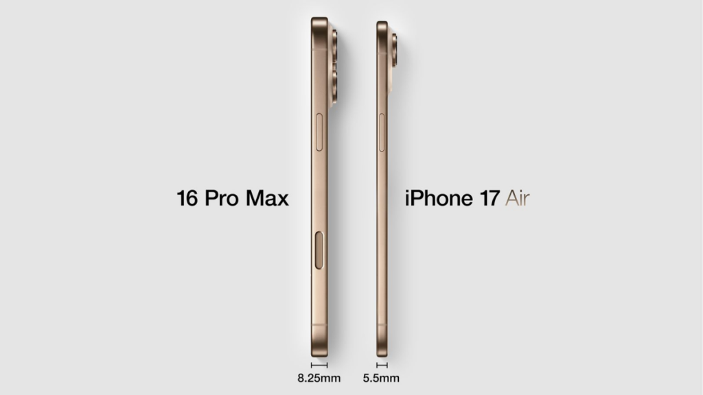 iPhone 17 AirとiPhone 16 Pro Maxの厚みを比較している画像