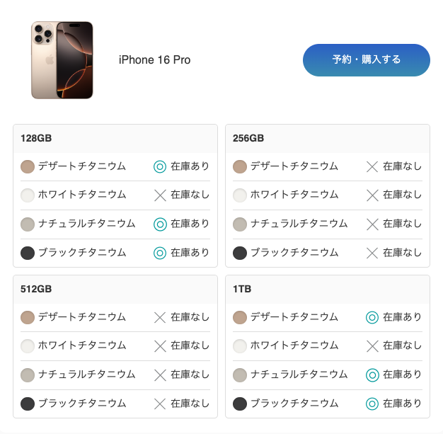 ソフトバンクオンラインショップでのiPhoneの在庫確認画面