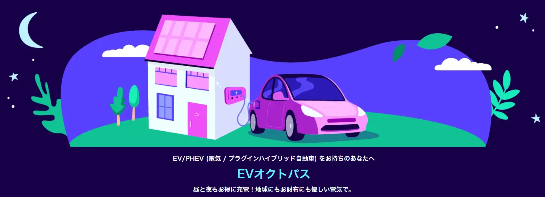 EVオクトパスの案内ページ。家の前で電気自動車を充電しているイラスト