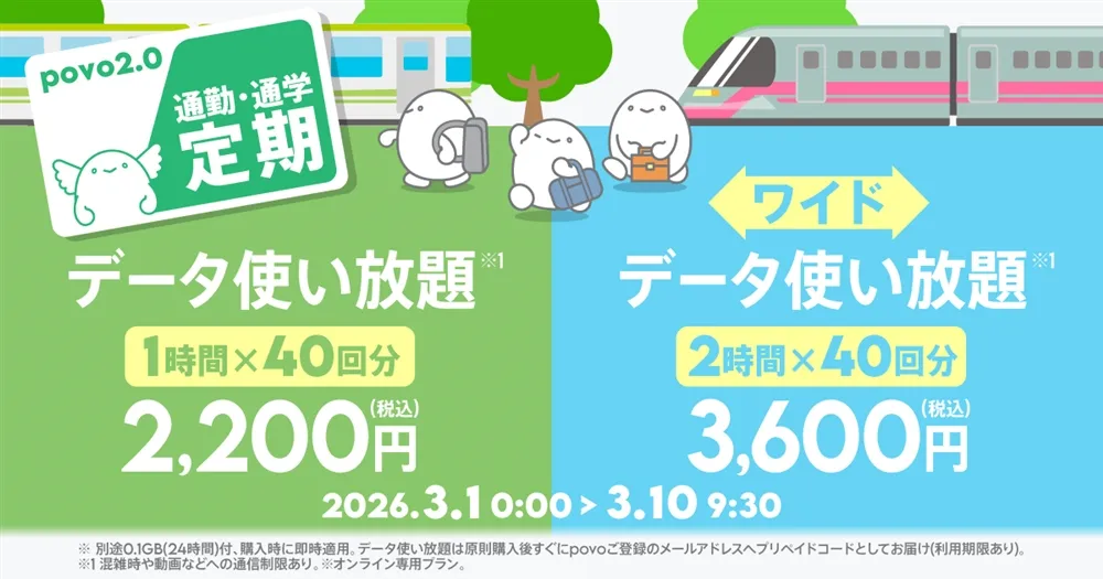 povo2.0 通勤通学定期トッピング データ使い放題1時間40回分2,200円と2時間40回分3,600円