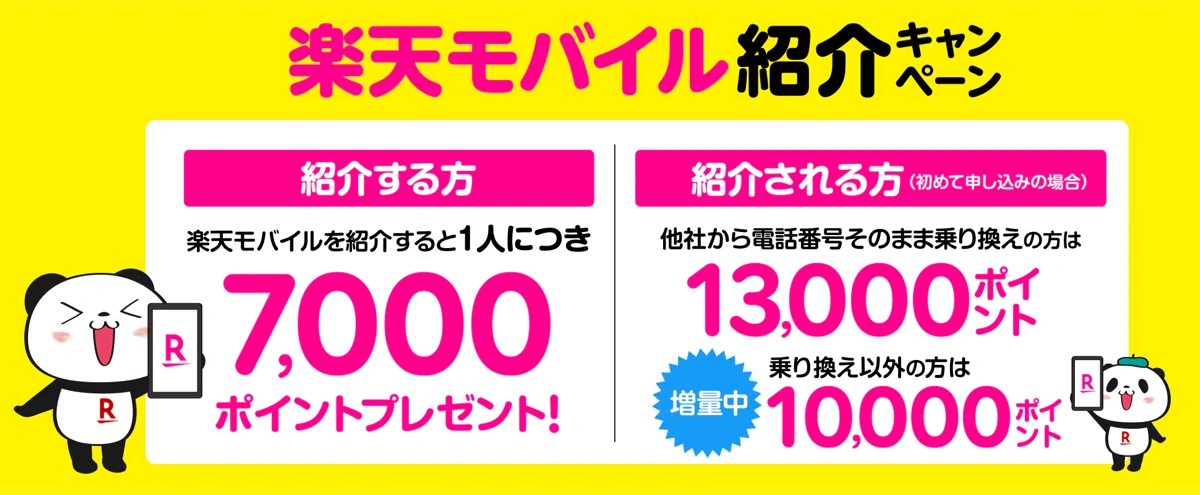 楽天モバイルの紹介キャンペーン。紹介する方に7,000ポイント、される方に最大13,000ポイントもらえる
