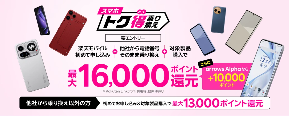 楽天モバイルのスマホ取得乗り換えキャンペーン。乗り換えで最大16,000ポイント還元、arrows Alphaなら+10,000ポイント