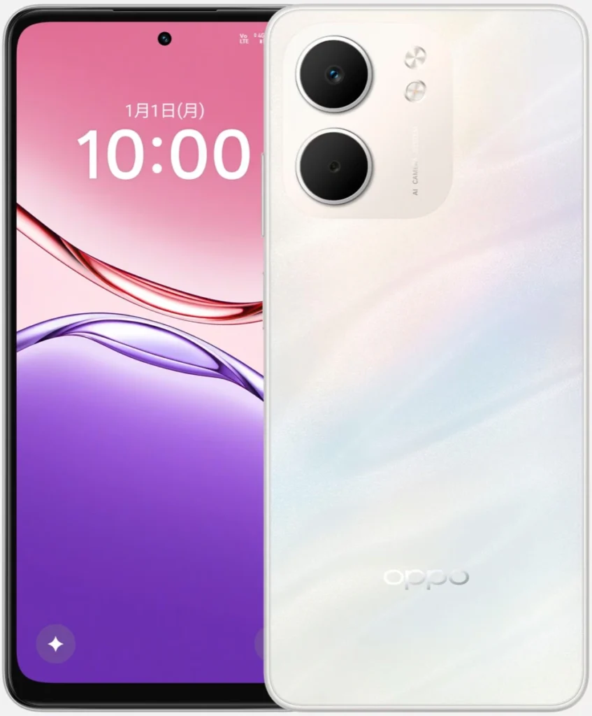 OPPO A5xのホワイトカラー本体画像（前面・背面）