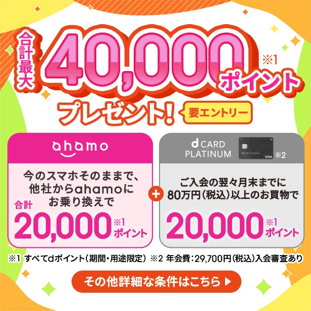 ahamo公式のめちゃトク祭りでahamo他社MNP20,000pt+dカード PLATINUM入会+80万円利用20,000pt、合計最大40,000ポイント進呈