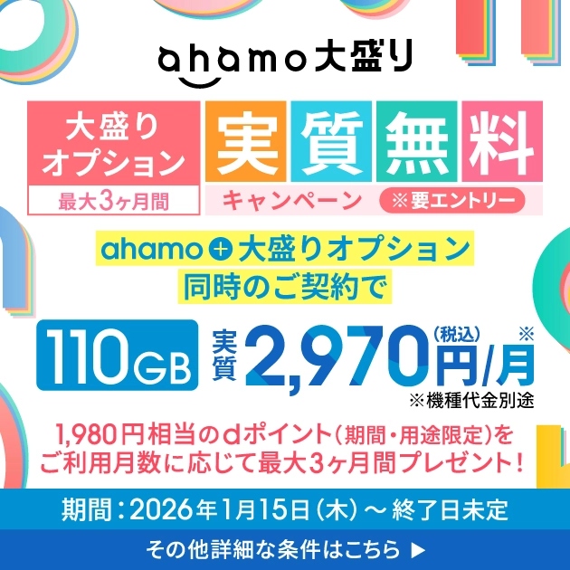 ahamo公式の大盛りオプション最大3ヶ月実質無料キャンペーンで110GBが実質2,970円/月+dポイント1,980pt×最大3ヶ月還元