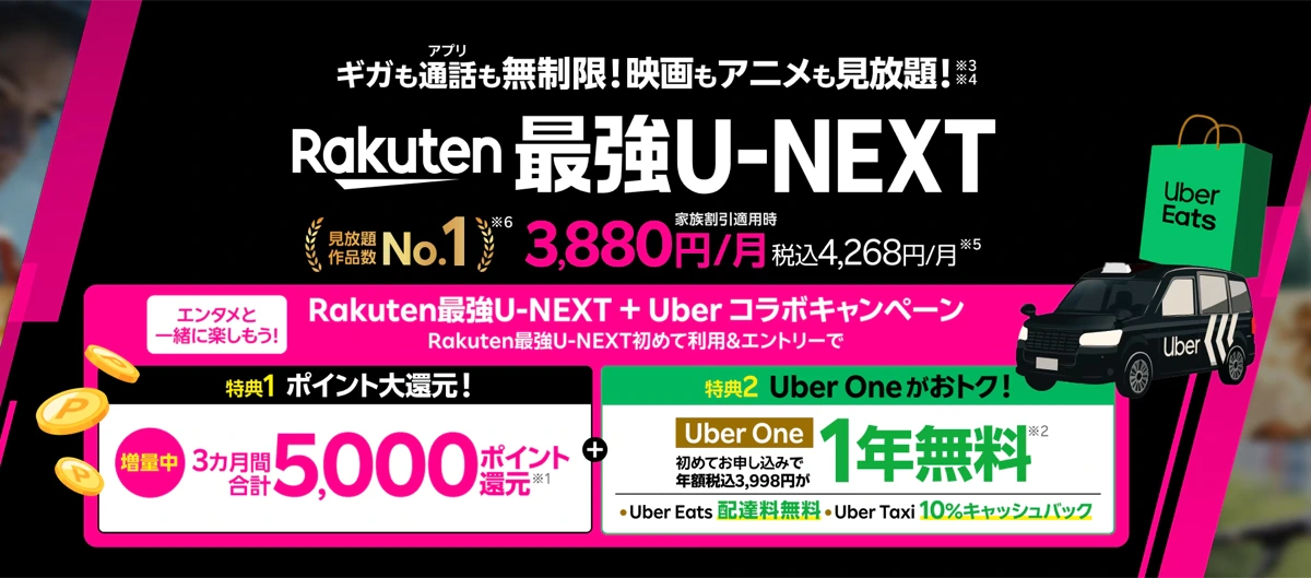 楽天モバイルのRakuten最強U-NEXT＋Uberコラボキャンペーン。初めて利用で最大5,000ポイント還元＋Uber One 1年間無料