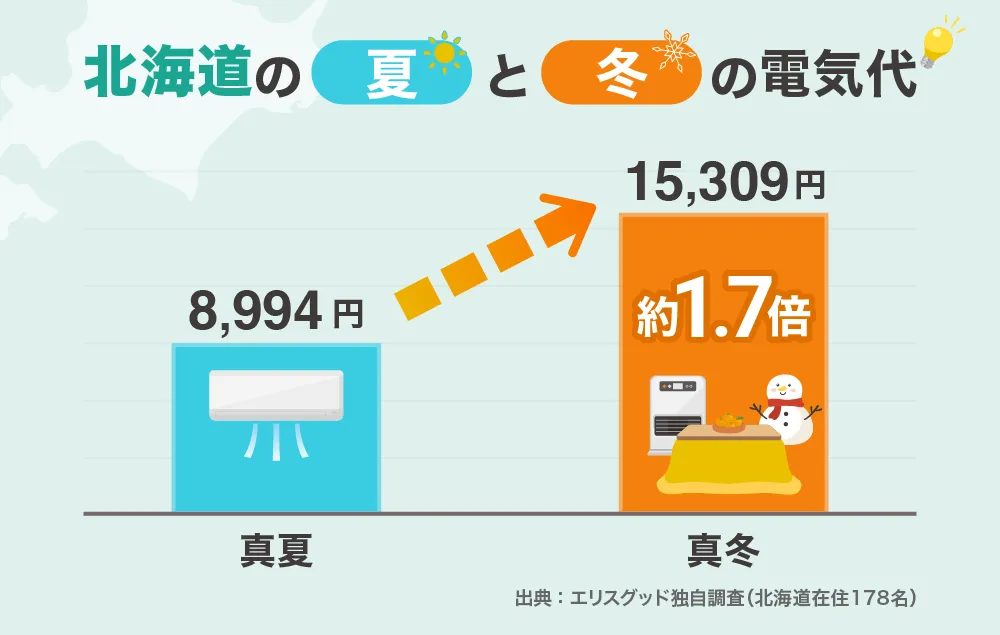 北海道の夏と冬の電気代の比較グラフ