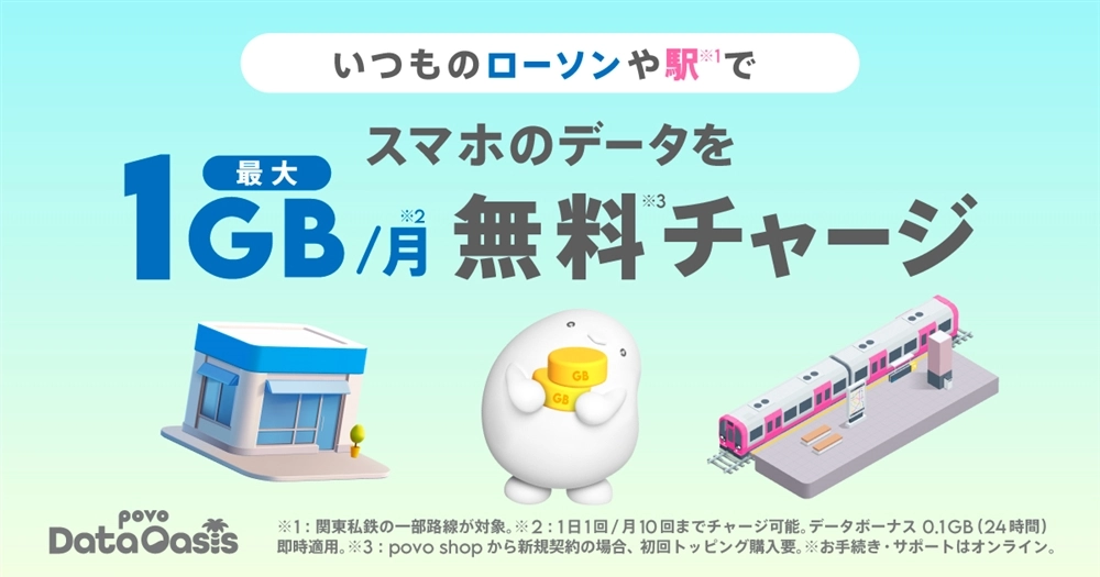 povo2.0 Data Oasis 対象スポットへの来店でデータ最大1GBを毎月チャージできるキャンペーン