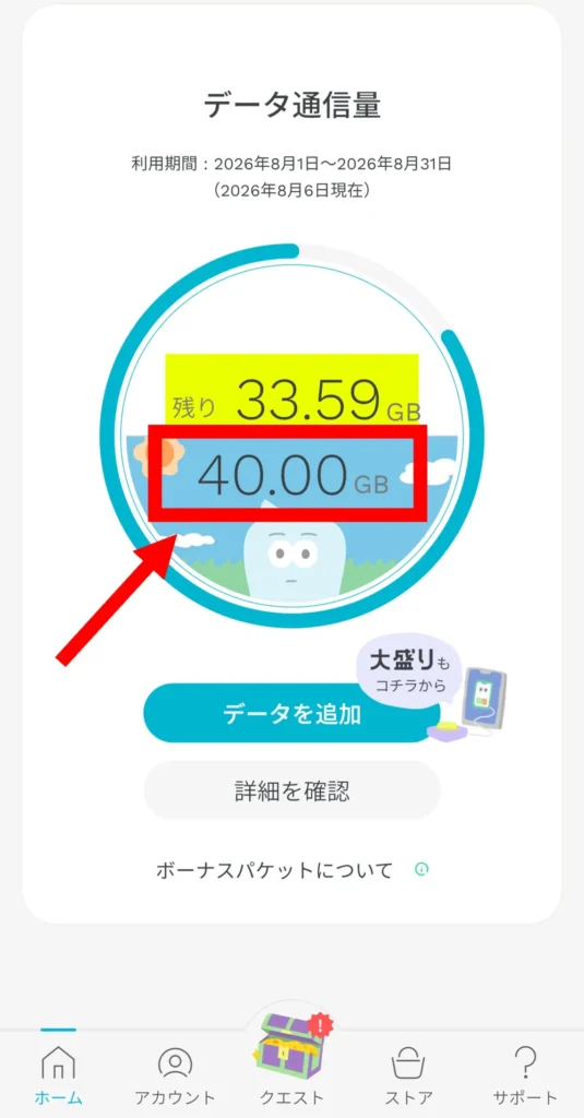 ahamoのデータ容量が「データ増量おためしキャンペーン」によって30GBから40GBに増量されている画面