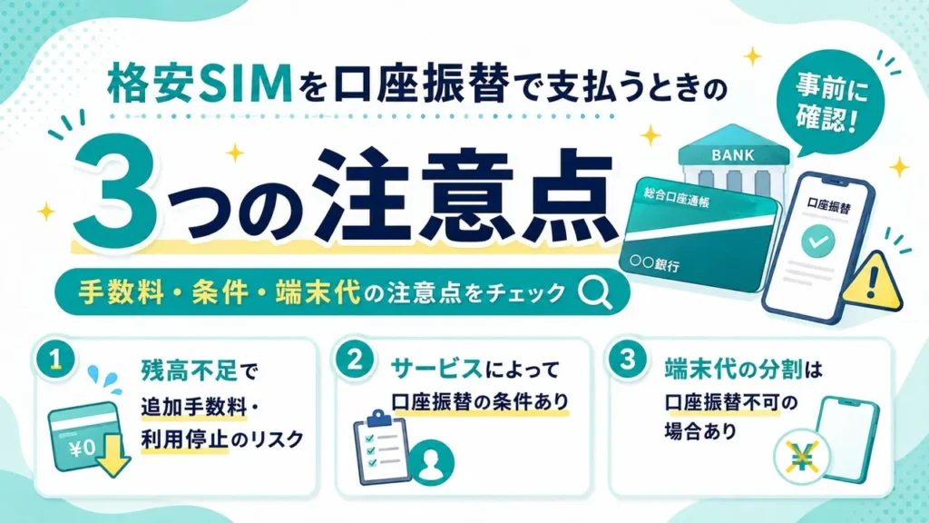 格安SIMを口座振替で支払うときの3つの注意点をまとめた見出し画像。残高不足による追加手数料・利用停止のリスク、サービスごとの口座振替条件、端末代金の分割払いが口座振替に対応していない場合がある点を、イラスト付きで分かりやすく紹介