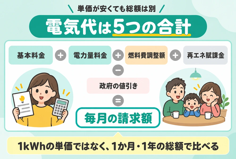 電気代は基本料金・電力量料金・燃料費調整額・再エネ賦課金から政府の値引きを引いた合計であることを示した図