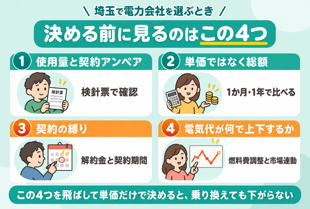 電力会社を決める前に確認する4つ。使用量と契約アンペア・単価ではなく総額・契約の縛り・電気代が上下する要因