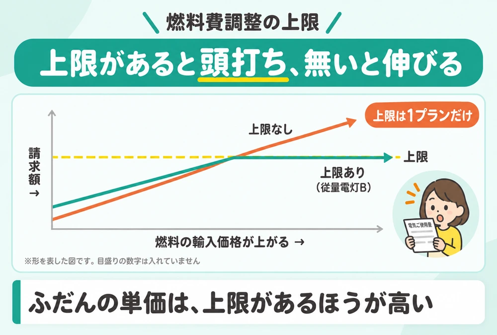 燃料費調整に上限があるプランは請求額が頭打ちになり、上限がないプランは伸び続けることを示した模式図