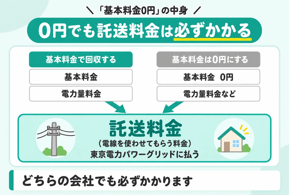 基本料金0円のプランでも、電線を使う託送料金は電力量料金などに含めて必ず支払っていることを示した図