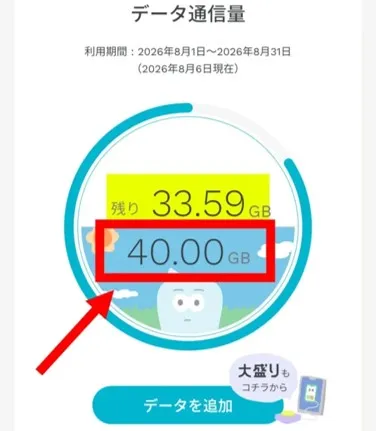 ahamoのデータ容量が「データ増量おためしキャンペーン」によって30GBから40GBに増量されている画面