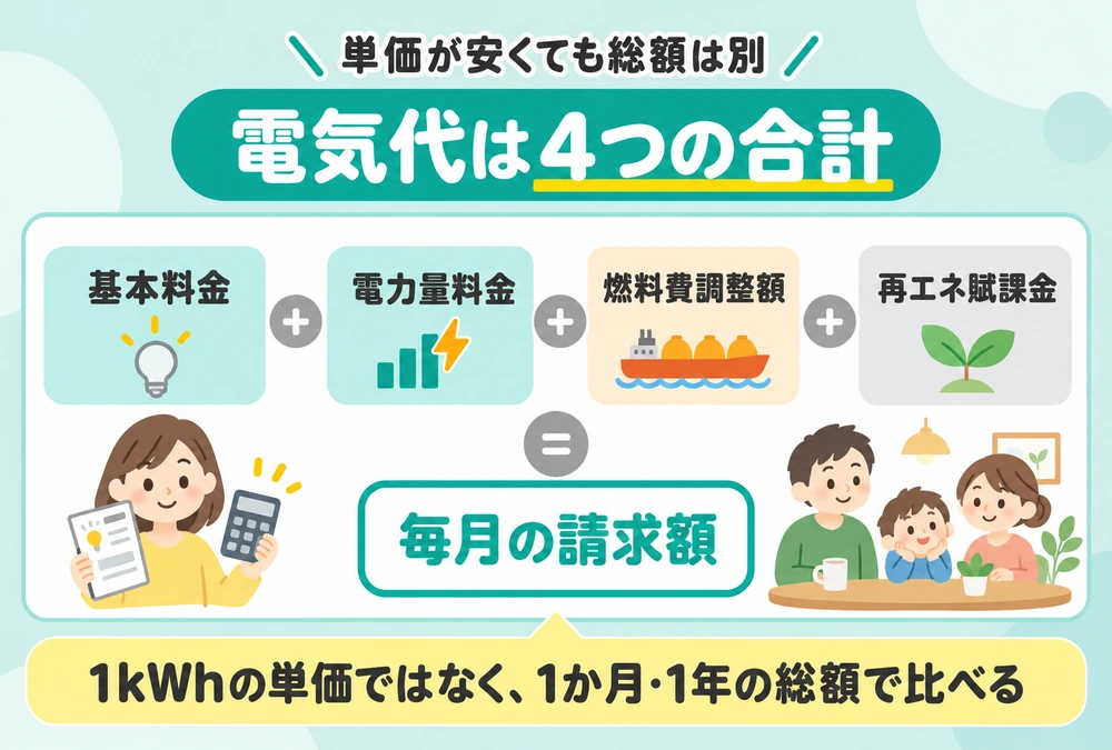 電気代は基本料金・電力量料金・燃料費調整額・再エネ賦課金の4つの合計であることを示した図