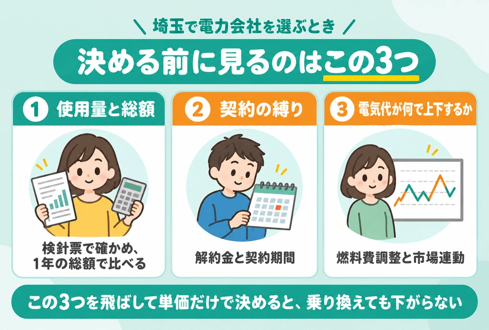 電力会社を決める前に確認する3つ。使用量を確かめて総額で比べる・契約の縛り・電気代が上下する要因