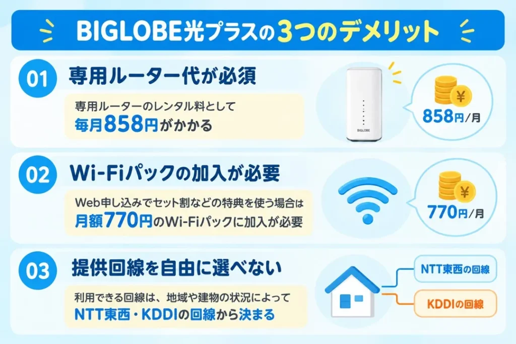 BIGLOBE光プラスの3つのデメリットをまとめた図。専用ルーターのレンタル料として毎月858円がかかること、Web申し込みでスマホセット割などの特典を利用する場合は月額770円のWi-Fiパックへの加入が必要なこと、提供回線は地域や建物の状況によってNTT東西またはKDDIの回線から決まり、自分で自由に選べないことを紹介。