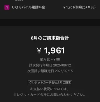 UQモバイルの8月請求額1,961円が表示された料金明細画面